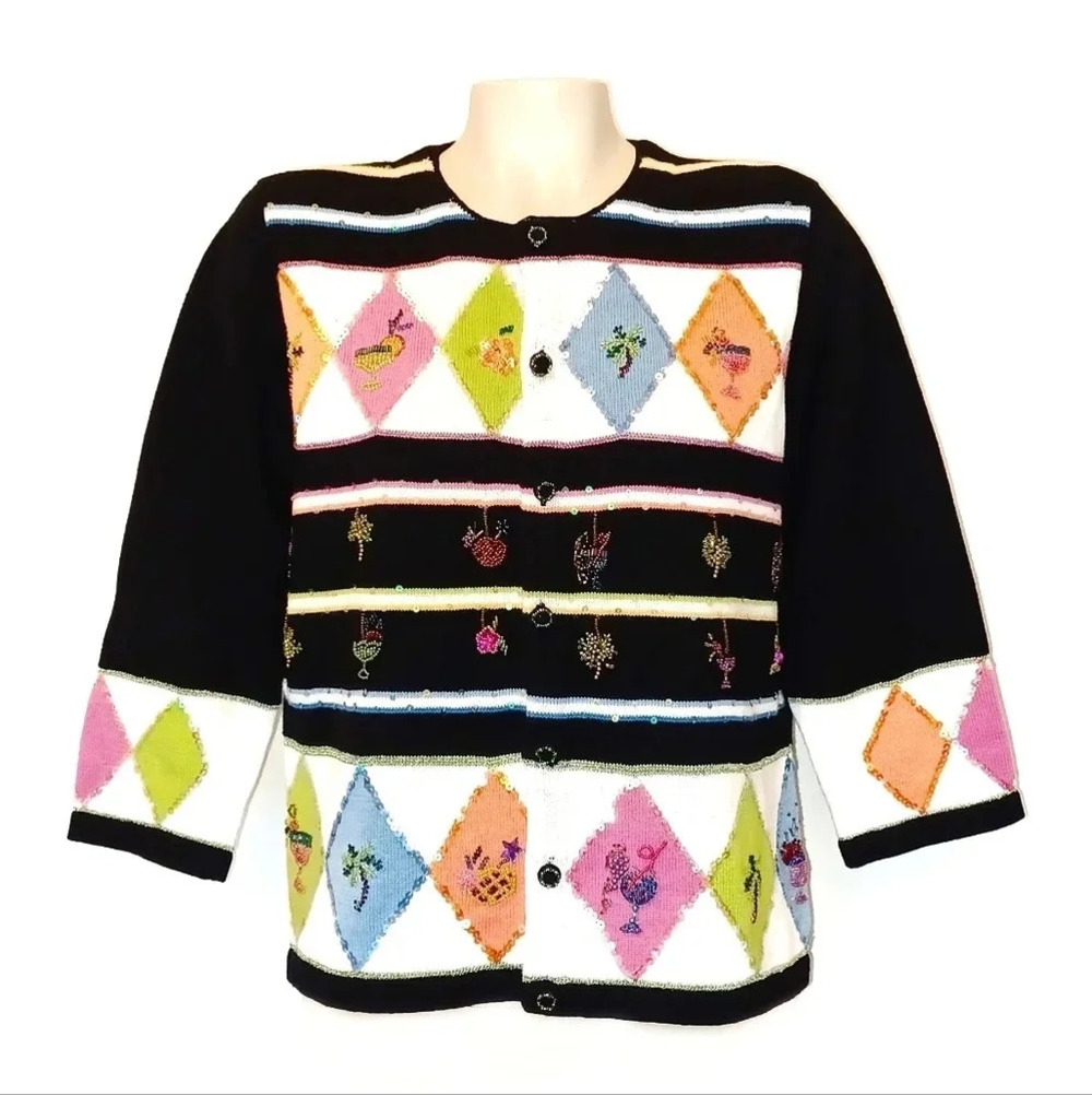 Rare! Berek Sparkling Beaded Sweater  Tropical Vacation Cruise Cocktails Party